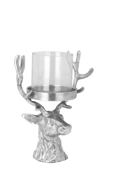 Windlicht Hirschkopf Aluminium H 28 cm, Glas Ø 12,5 cm