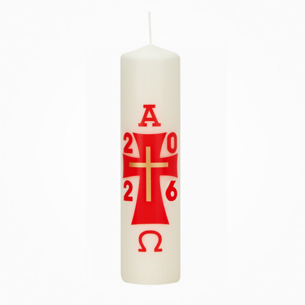 Osterkerze für Zuhause, Alpha/Omega in rot-gold 20 x Ø 5 cm