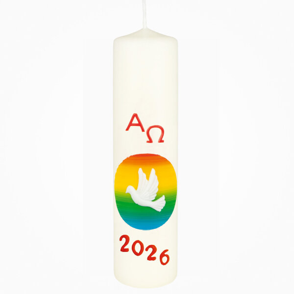 Osterkerze für Zuhause, Friedenskerze Regenbogen, Taube, A+O 20 x Ø 5 cm