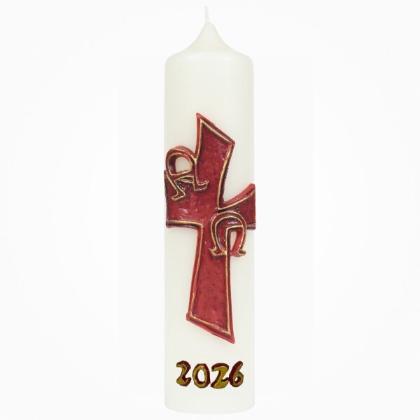 Osterkerze für Zuhause Kreuz, Alpha+Omega 25 x Ø 6 cm