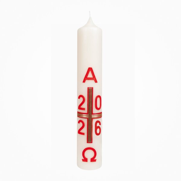 Osterkerze für Zuhause, Alpha/Omega in rot-gold 35 x Ø 6 cm