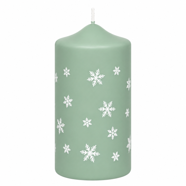 Weihnachtskerzen Schneeflocken in Samt-Optik Salbei 150 x 70 mm, 4er Set