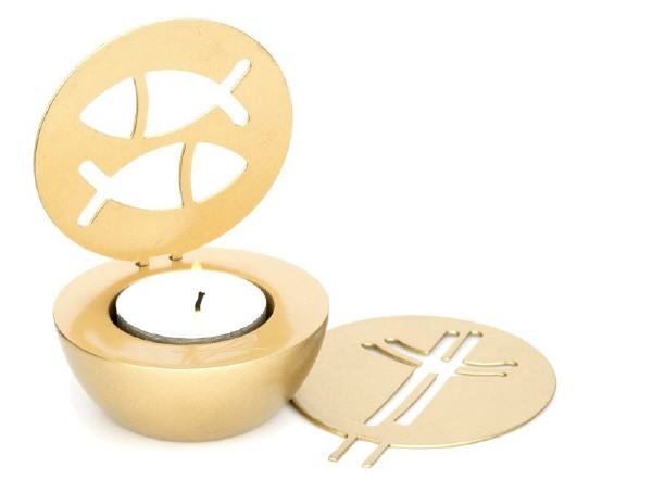 Teelichthalter mit austauschbarer Scheibe "Fische" und "Kreuz" Gold
