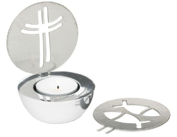 Teelichthalter mit austauschbarer Scheibe "Fische" und "Kreuz" Silber