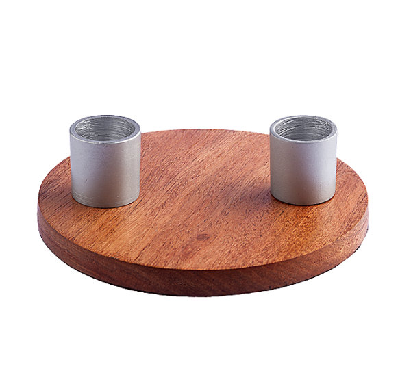 Stabkerzenhalter auf Holzteller Ø Außen 130 mm und 2 Silber-Kerzentüllen für Kerzen Ø 20 mm
