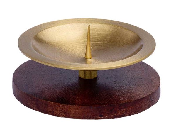 Kerzenleuchter rund aus Holz mit Messing Gold-Schale mit Dorn Ø-Außen 100 mm für Kerzen Ø 50 - 70 mm
