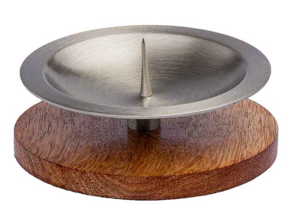 Kerzenleuchter rund aus Holz mit Messing Silber-Schale mit Dorn Ø-Außen 100 mm für Kerzen Ø 50 - 70 mm