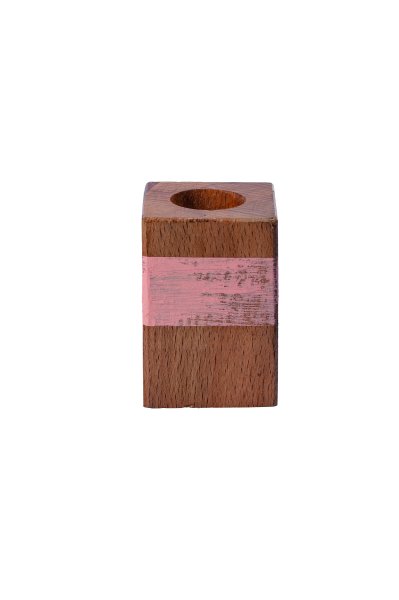 Kerzenleuchter Holz mit rosa/lachs Pinselstrich eckig Höhe 60 mm für Kerzen  20 - 25 mm