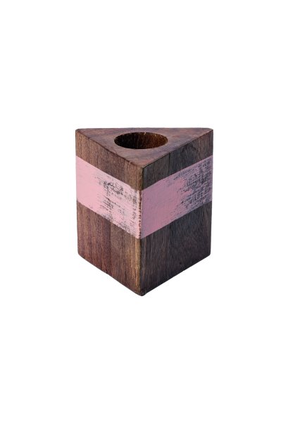 Kerzenleuchter Holz mit rosa/lachs Pinselstrich dreieckig Höhe 60 mm für Kerzen  20 - 25 mm