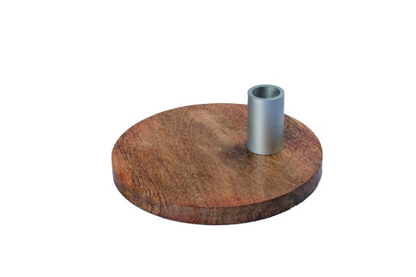 Kerzenleuchter für dünne Kerzen auf Holz-Platte mit Silber-Kerzentülle Ø-Außen 100 mm für Kerzen Ø 13 mm