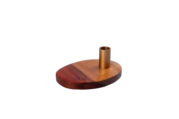 Kerzenleuchter für dünne Kerzen auf ovaler Holz-Platte 80 x 110 mm Gold-Kerzentülle für Kerzen Ø 13 mm