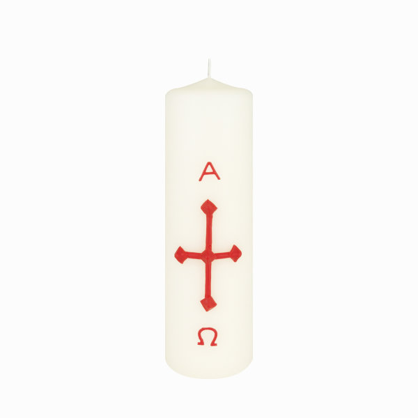 Osterkerze 20 x Ø 4 cm Kreuz, A+O in Rot (Wachsauflage)