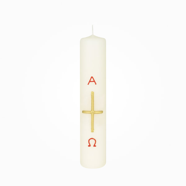 Osterkerze 20 x Ø 4 cm Kreuz, A+O in Rot/Gold (Wachsauflage)