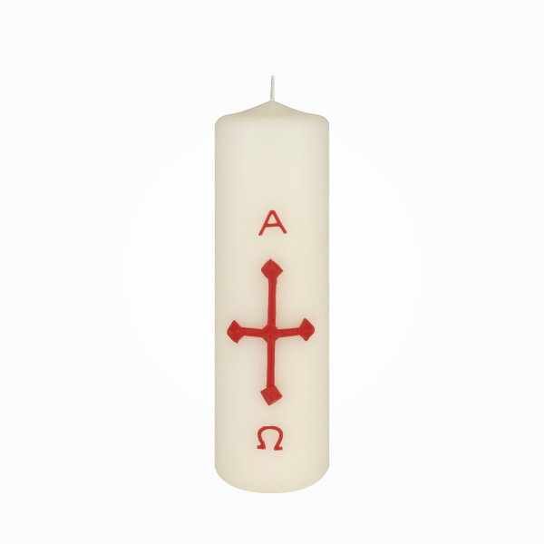 Osterkerze 20 x Ø 6 cm Kreuz, A+O in Rot (Wachsauflage)