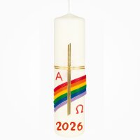 Osterkerze 20 x Ø 5 cm Kreuz, Regenbogen mit...