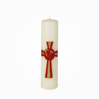 Osterkerze 20 x Ø 5 cm Kreuz, Lamm in Rot/Gold...