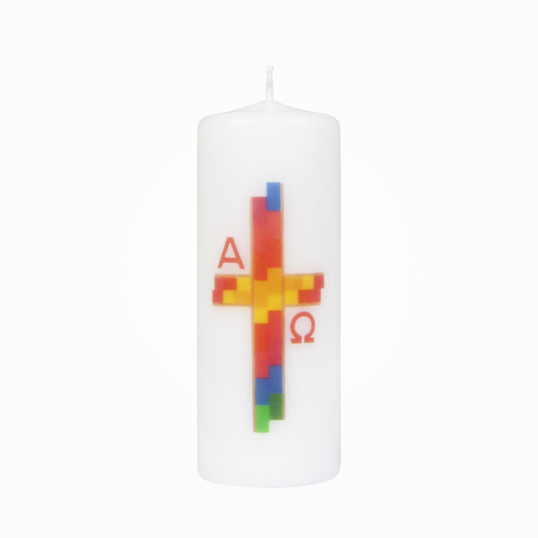 Osterkerze Mosaik-Kreuz, A+O 16 x Ø 6 cm (Transferdruck)