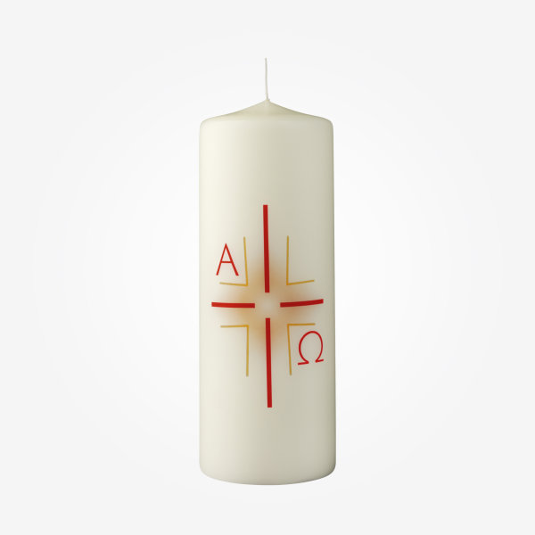 Osterkerze Kreuz, Sonne, A+O 16 x Ø 6 cm (Transferdruck)